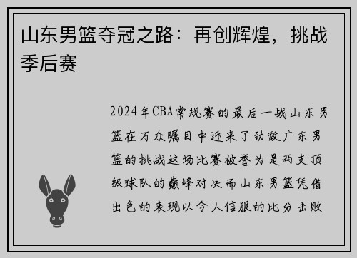 山东男篮夺冠之路：再创辉煌，挑战季后赛